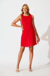 Red Linen Blend Dress with White Ric Rac Detail